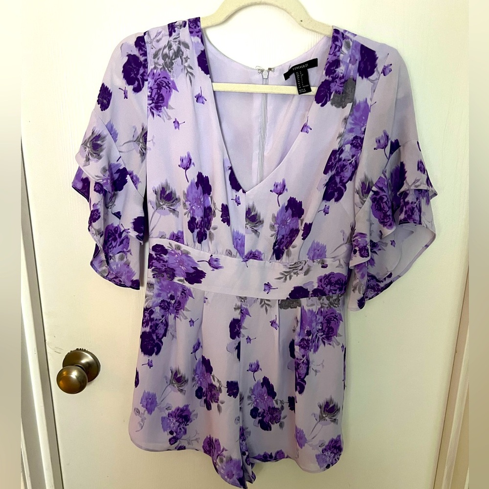 Forever 21 Purple Flutter Sleeve Romper Small